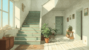 Vintage Home Interior With Plants And Wooden Stairs
