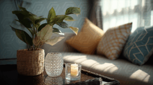 Woven Planter and Candle Decor by Sunlit Sofa with Patterned Pillows