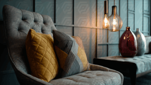 Stylish Lounge Chair With Decorative Pillows And Modern Lighting