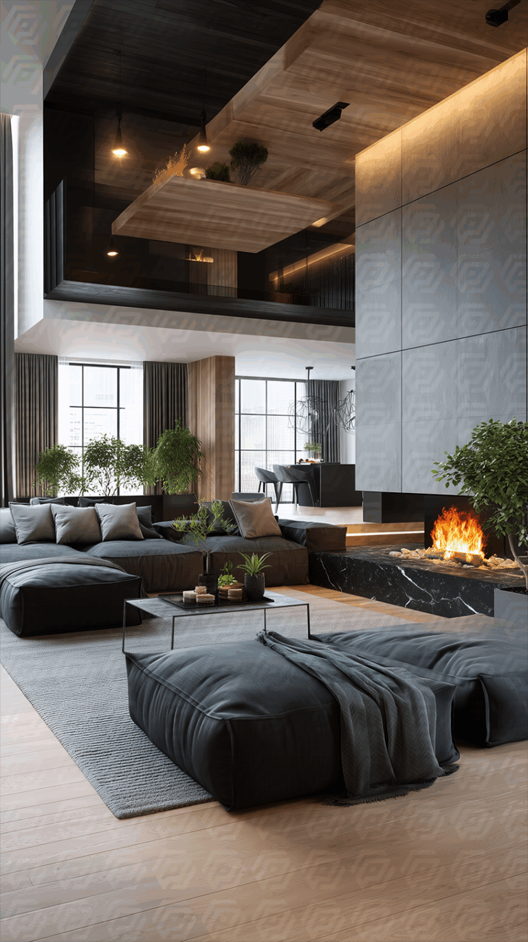 Contemporary Living Area With Fireplace and Greenery