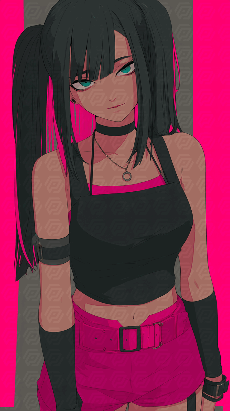 Dark-Haired Anime Girl In Black And Magenta Urban Outfit