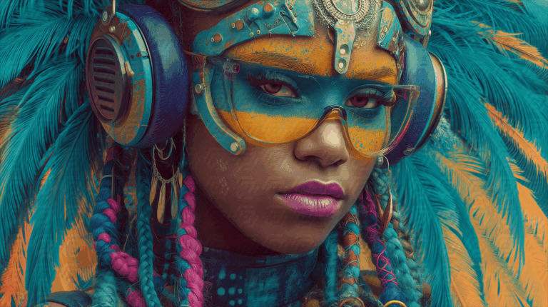 Futuristic Woman in Feathered Cyber Tribal Headset