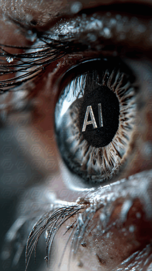 Cybernetic Eye with AI Reflection and Metallic Lashes