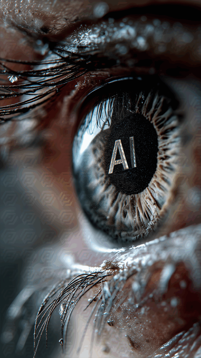 Cybernetic Eye with AI Reflection and Metallic Lashes