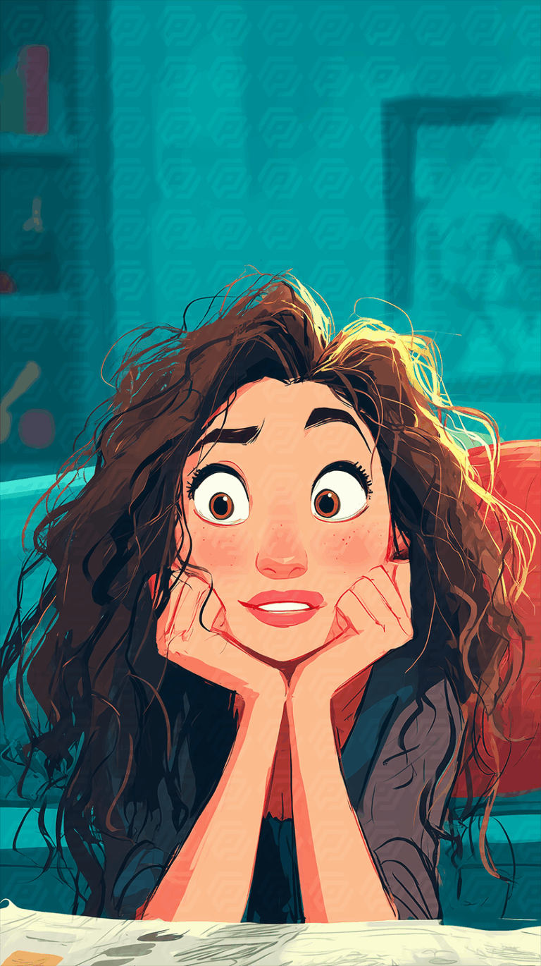 Curious Girl With Messy Hair Leaning On Table With Dreamy Expression