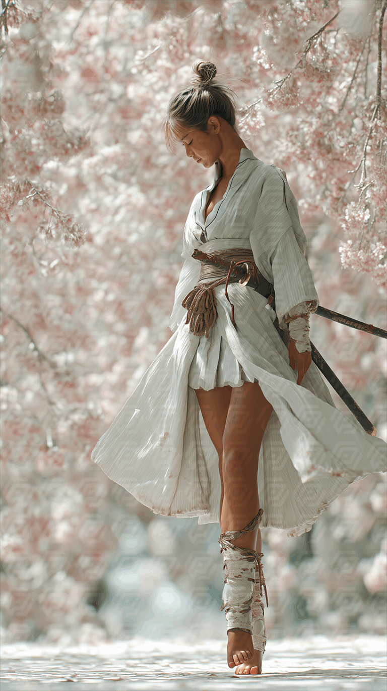Peaceful Samurai Woman in White Kimono Among Blossoms