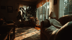Cozy Sunlit Living Room with Indoor Plants and Soft Furnishings