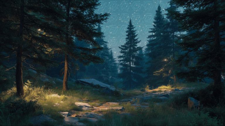 Mystical Forest Path Illuminated by Starlight