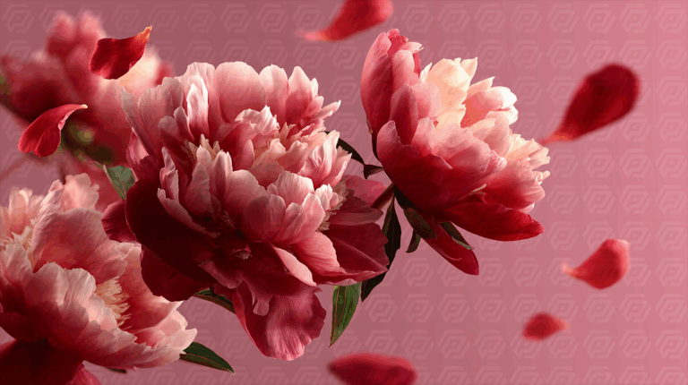 Vibrant Pink Peony Flowers with Petals Floating on Pink Background