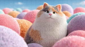 Cute Calico Cat Surrounded by Colorful Soft Balls