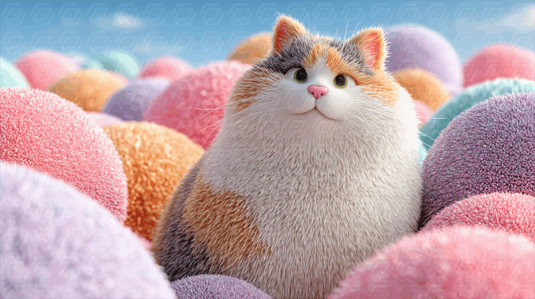 Cute Calico Cat Surrounded by Colorful Soft Balls
