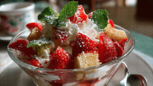Strawberry Trifle Dessert In Glass Bowl With Whipped Cream