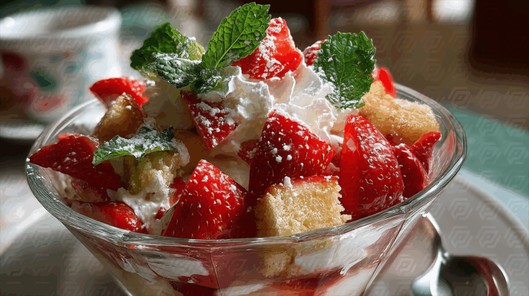Strawberry Trifle Dessert In Glass Bowl With Whipped Cream