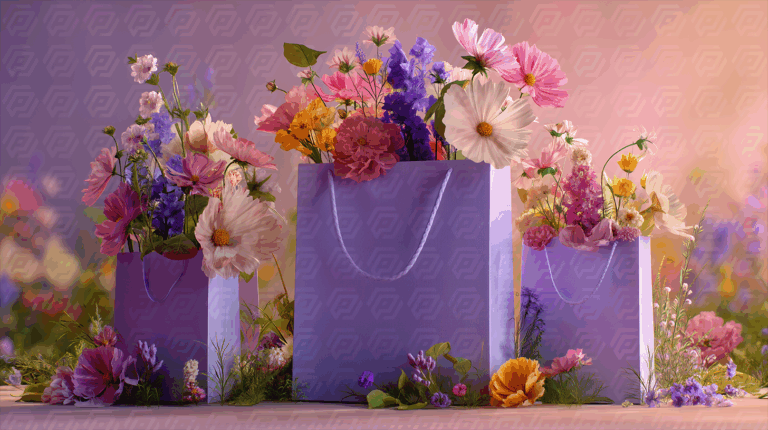 Spring Flowers Arranged in Lavender Gift Bags