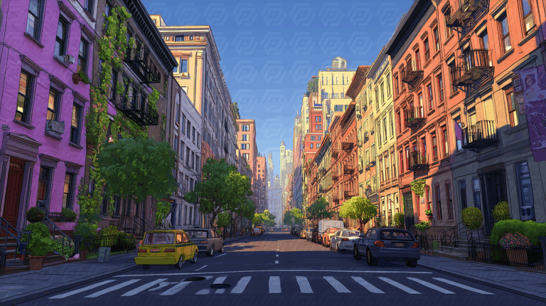 Charming Cartoon Street with Urban Architecture