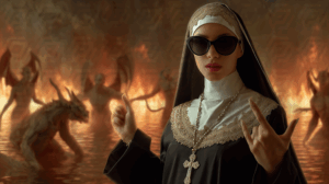 Cool Nun Making Rock Sign with Fiery Demons Behind Her