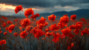 Vivid Red Poppies Blooming in Sunset Light Under a Moody Sky