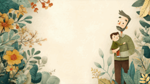 Father Holding Child In Nature-Themed Floral Frame Illustration