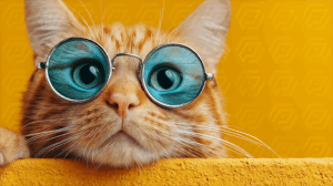 Funny Orange Cat Wearing Blue Round Glasses on Yellow Background Close Up