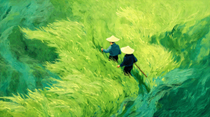 Overhead View of Farmers in Flowing Abstract Rice Field Artwork