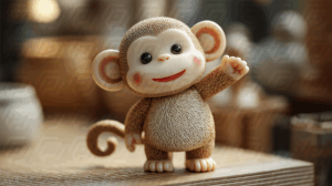 Smiling Monkey Toy Waving on Wooden Table