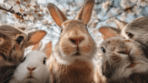 Close-Up Rabbit Faces With Blossoms Overhead