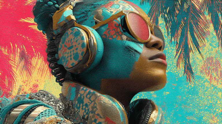 Woman in Vibrant Techwear with Headphones and Facepaint
