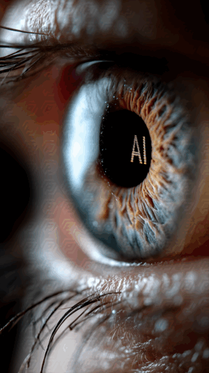 Digital Iris Featuring AI Symbol in Futuristic Human Eye
