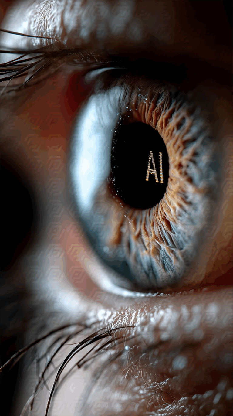 Digital Iris Featuring AI Symbol in Futuristic Human Eye