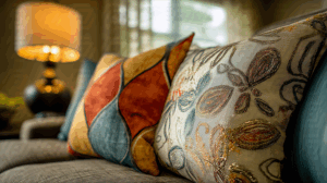 Colorful Decorative Pillows On Contemporary Sofa With Warm Lighting