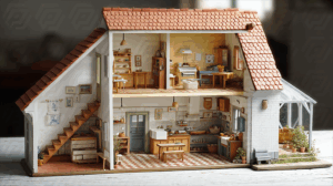 Miniature Dollhouse Interior with Detailed Furnishings and Decor