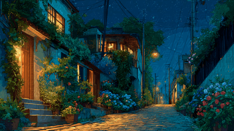 Charming Night Street in a Flower-Lined Village