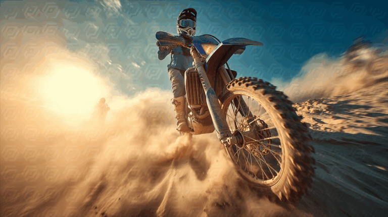 Motocross Rider Kicking Up Dust at Sunset