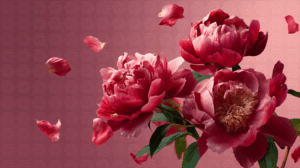 Pink and Red Peonies in Bloom with Floating Petals on Gradient Background