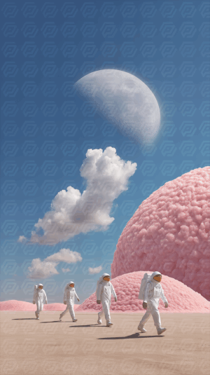 Astronauts Walking Through Surreal Pink Landscape Under Half Moon