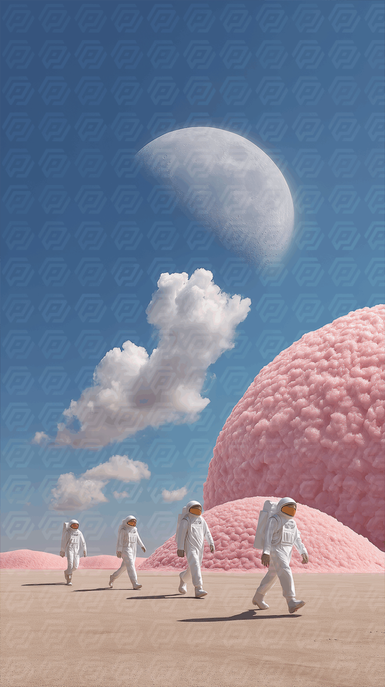 Astronauts Walking Through Surreal Pink Landscape Under Half Moon