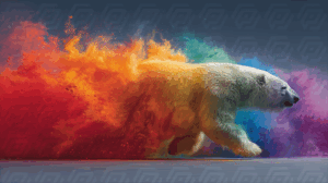 Dynamic Polar Bear Running Through Explosive Colored Powder
