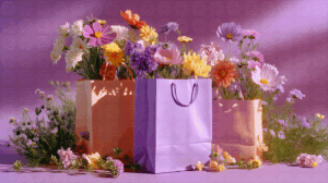 Floral Gift Bags Surrounded by Fresh Garden Flowers