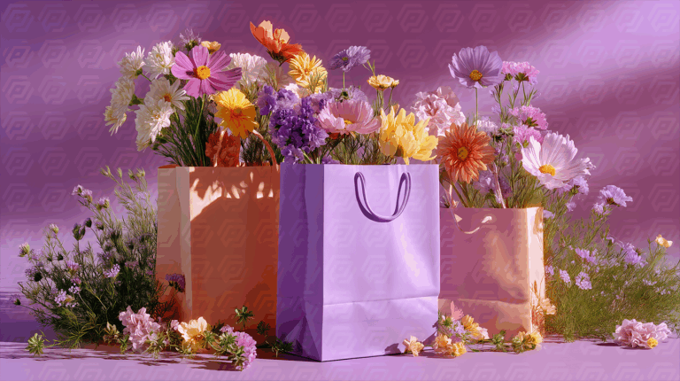 Floral Gift Bags Surrounded by Fresh Garden Flowers