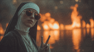 Stylish Nun Flashes Peace Sign Amid Hellfire