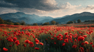 Expansive Poppy Field With Rolling Hills and Dramatic Sky