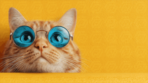 Adorable Cat with Blue Glasses Against Yellow Background Looking Up