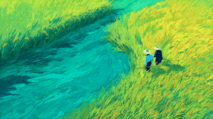 Two People Beside a River in a Vibrant Yellow and Green Rice Field