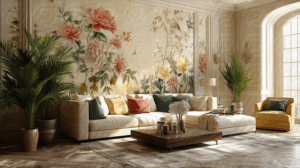 Classic Living Room with Floral Wall Mural and Tropical Plants