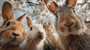 Curious Rabbits Gathering Beneath Blossoming Branches