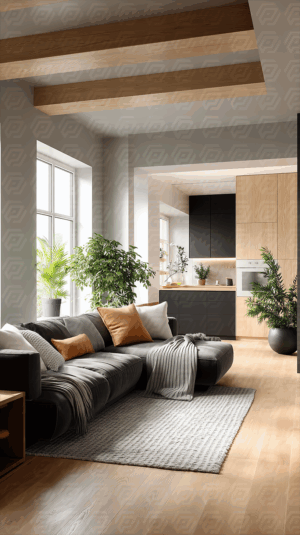 Bright Modern Living Room With Kitchen and Indoor Plants