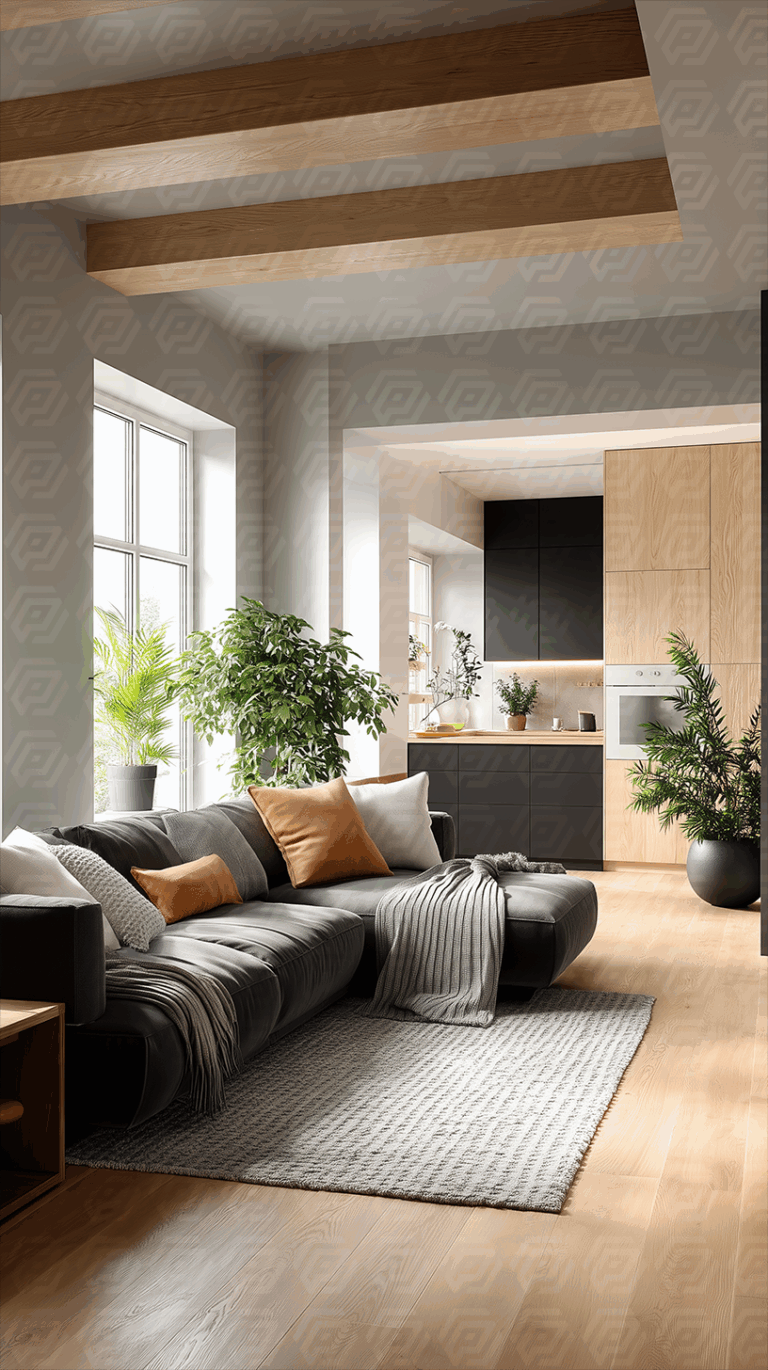 Bright Modern Living Room With Kitchen and Indoor Plants