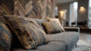 Modern Gray Sofa With Earthy Accent Pillows In Stylish Living Room