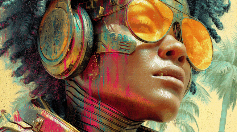 Cyberpunk Woman with Golden Visor and Paint Splashes