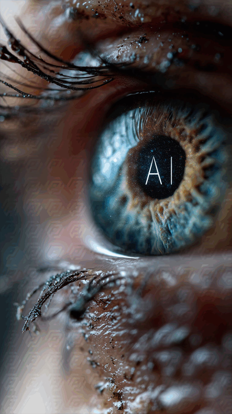 Glowing AI Eye with Cosmic Textures and Dusty Realism